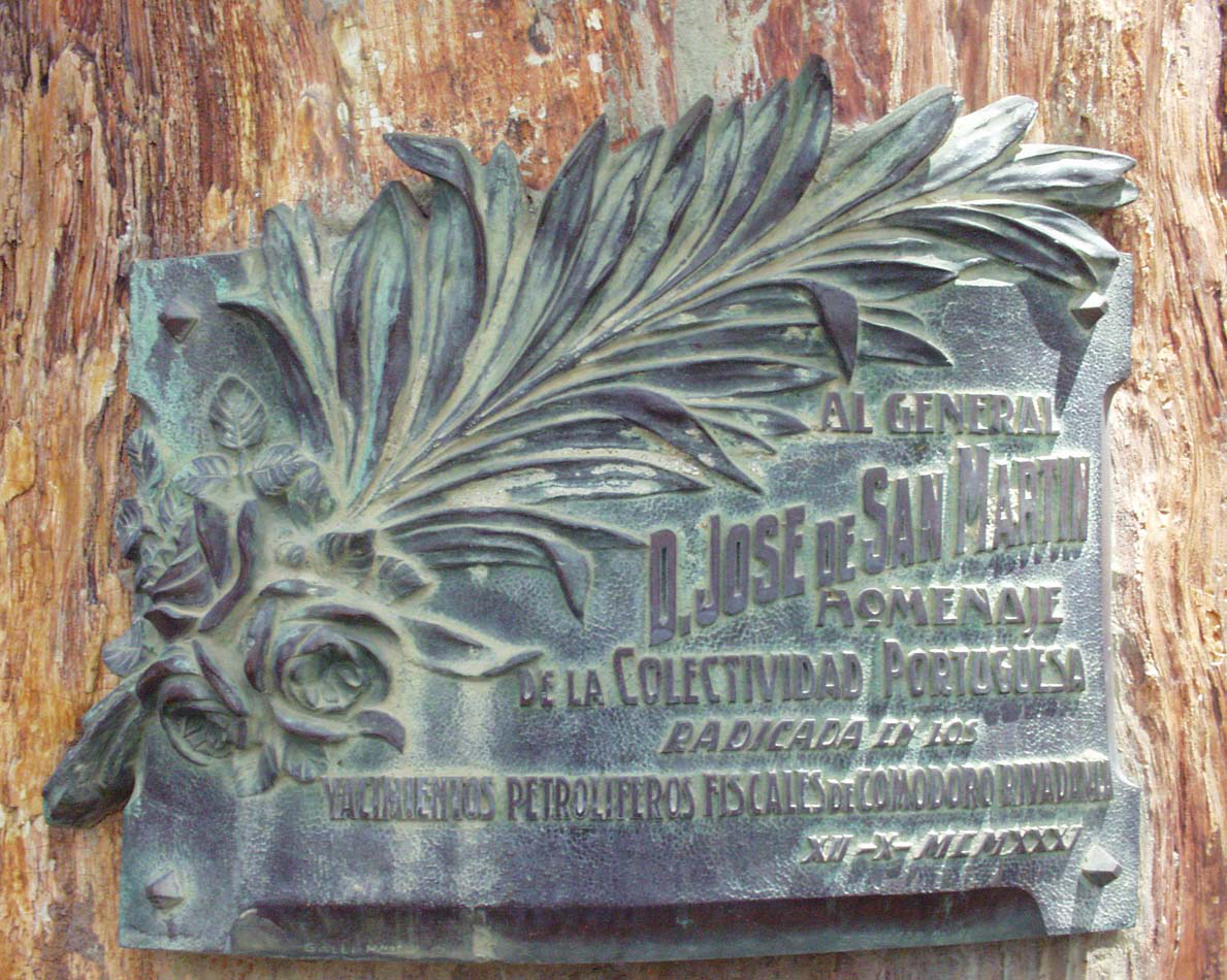 Plaque on San Martin bust in front of YPF offices